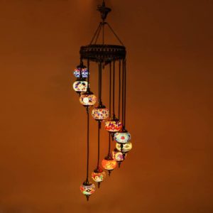Chandelier Helical 11 Globes Turkish Moroccan Style Mosaic Multicolour Light, Turkish Mosaic Chandelier