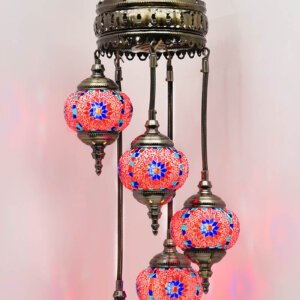 Chandelier Helical 5 Globes Turkish Moroccan Style Mosaic Multicolour Light