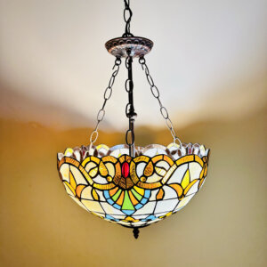 Crown Tiffany Inverted Hanging Lamp, Leadglass Stained Glass Shade, Crystal Bead Lamp Shade, Antique Lampshade, Living Dining Kitchen