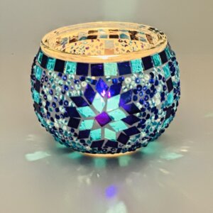 Handcrafted Mosaic Glass Candle Holder Blue